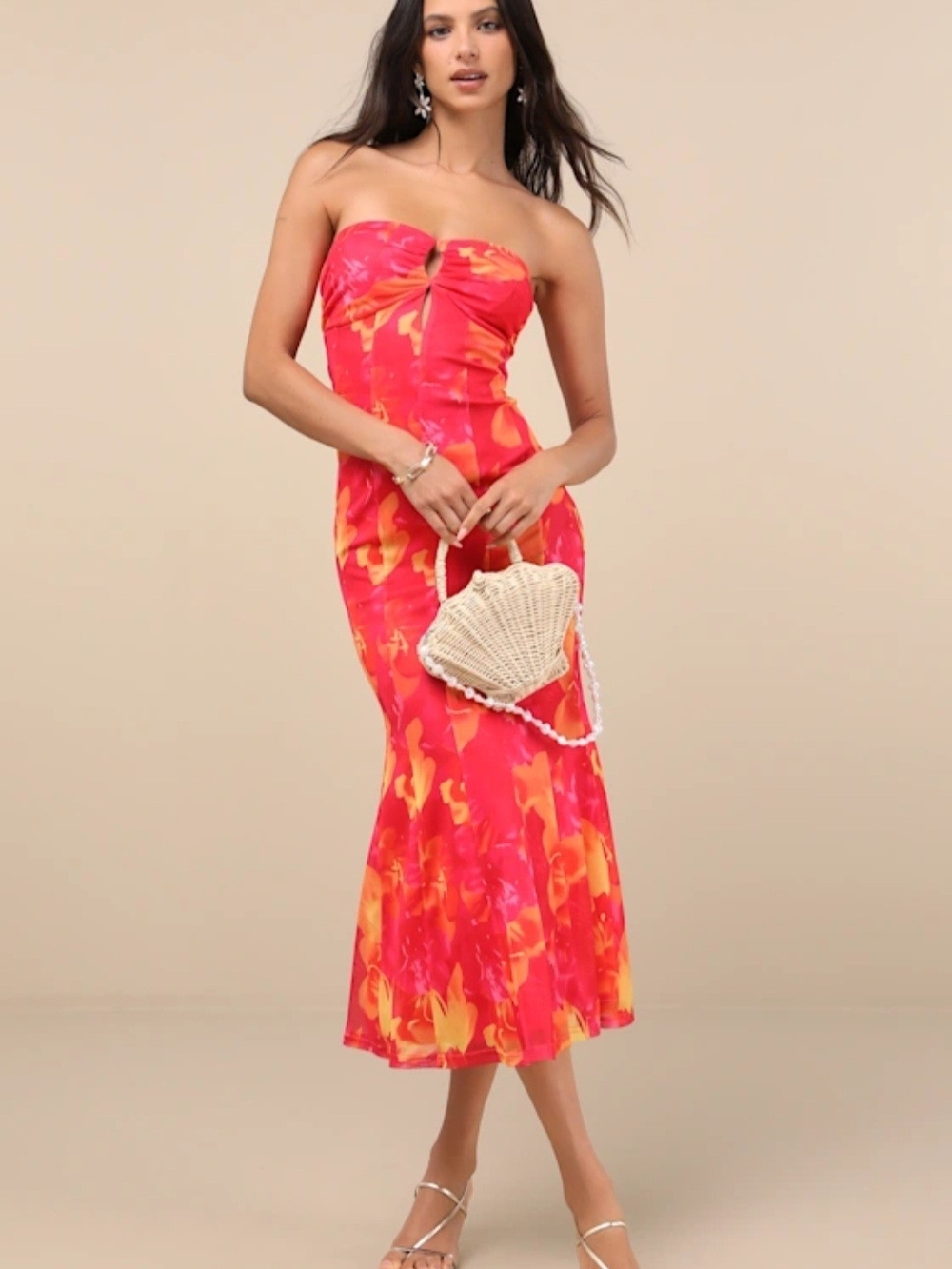 Lulu's Strapless Hot Pink & Orange Floral Midi Dress
